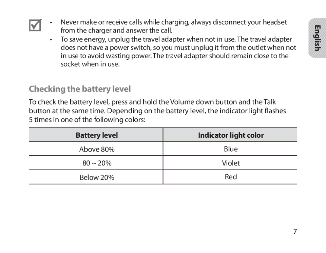 Samsung BHM1800EDECEUR, BHM1800EDECXEF, BHM1800EDECXEV manual Checking the battery level, Battery level Indicator light color 