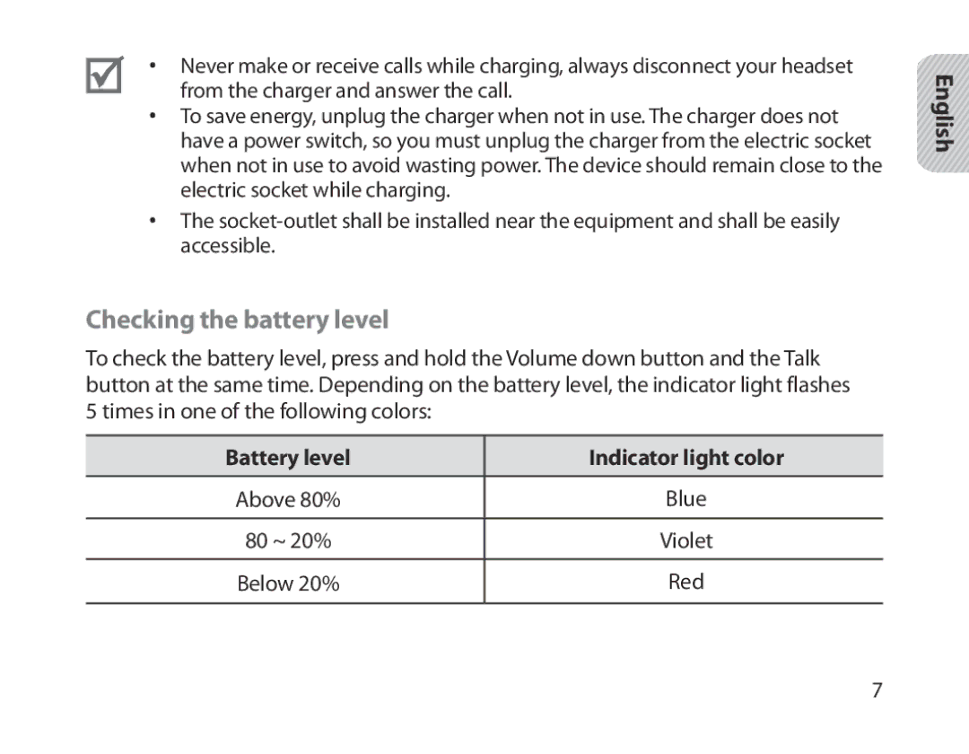 Samsung BHM1800EDECHAT, BHM1800EDECXEF, BHM1800EDECXEV manual Checking the battery level, Battery level Indicator light color 