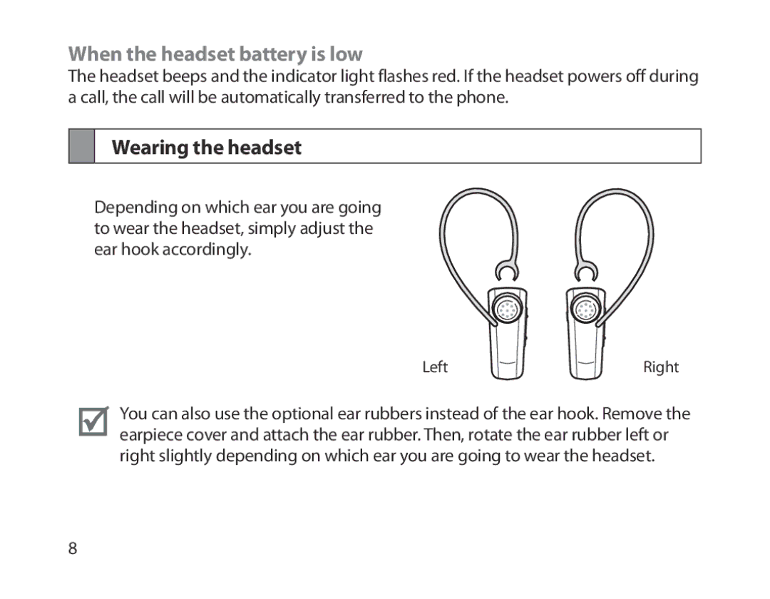 Samsung BHM1800EDRCSER, BHM1800EDECXEF, BHM1800EDECXEV, BHM1800EDECXEH When the headset battery is low, Wearing the headset 