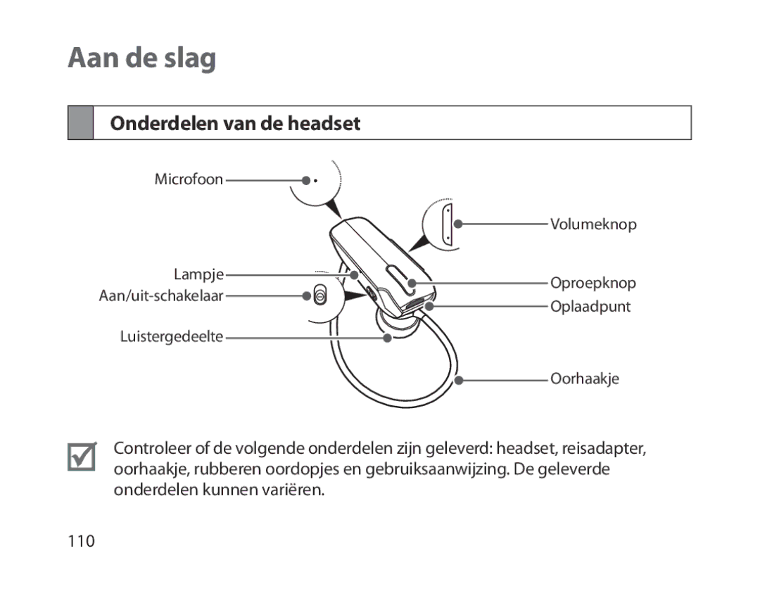 Samsung BHM1800EDRCSER, BHM1800EDECXEF, BHM1800EDECXEV, BHM1800EDECXEH, BHM1800EDECEUR Aan de slag, Onderdelen van de headset 