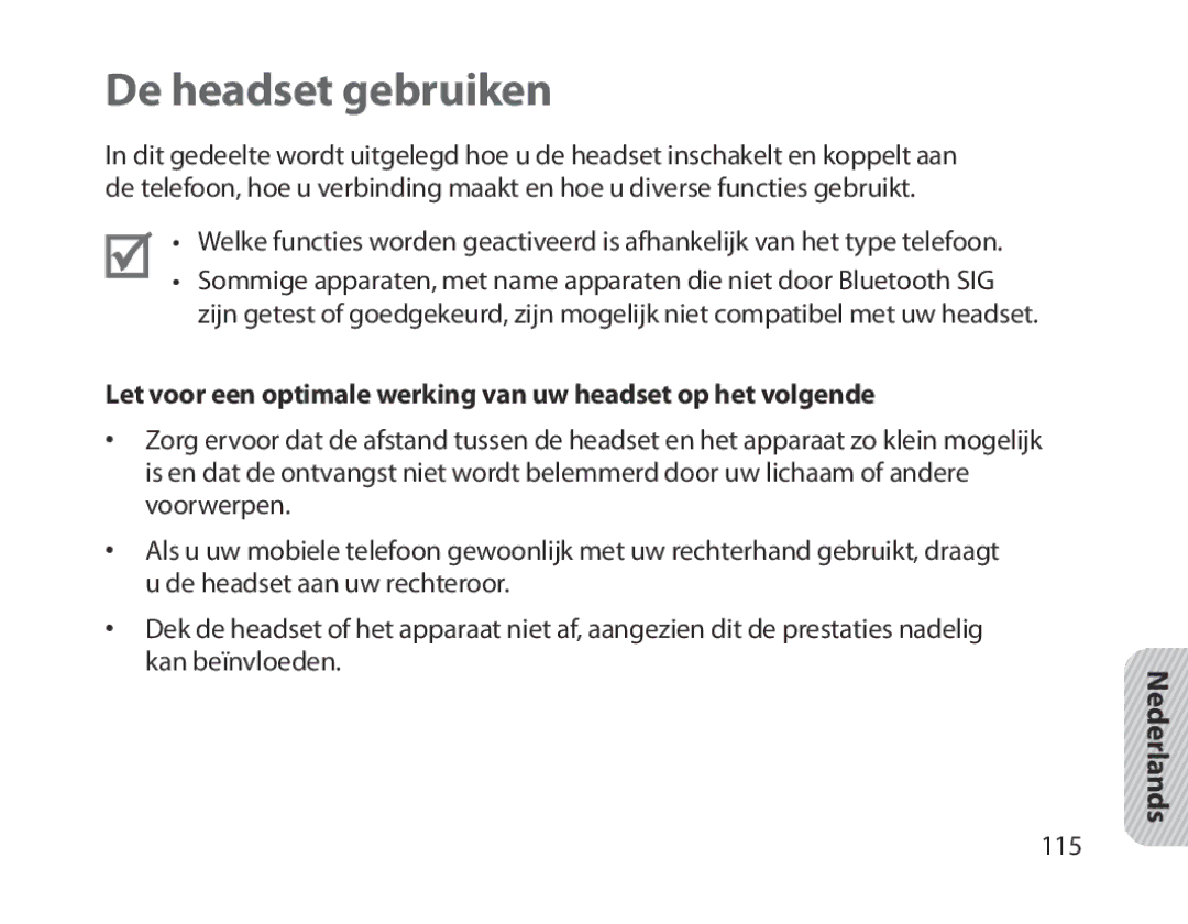 Samsung BHM1800EDECHAT, BHM1800EDECXEF De headset gebruiken, Let voor een optimale werking van uw headset op het volgende 