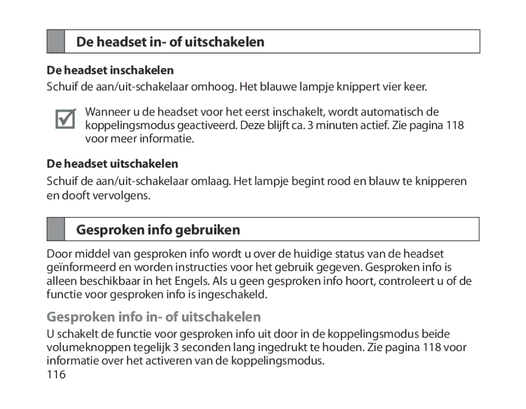 Samsung BHM1800EDRCSER manual De headset in- of uitschakelen, Gesproken info gebruiken, Gesproken info in- of uitschakelen 