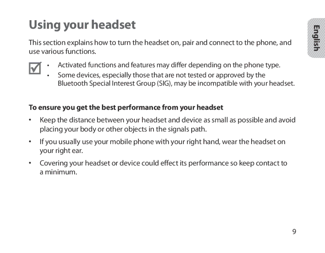 Samsung BHM1800EDECXEF, BHM1800EDECXEV manual Using your headset, To ensure you get the best performance from your headset 