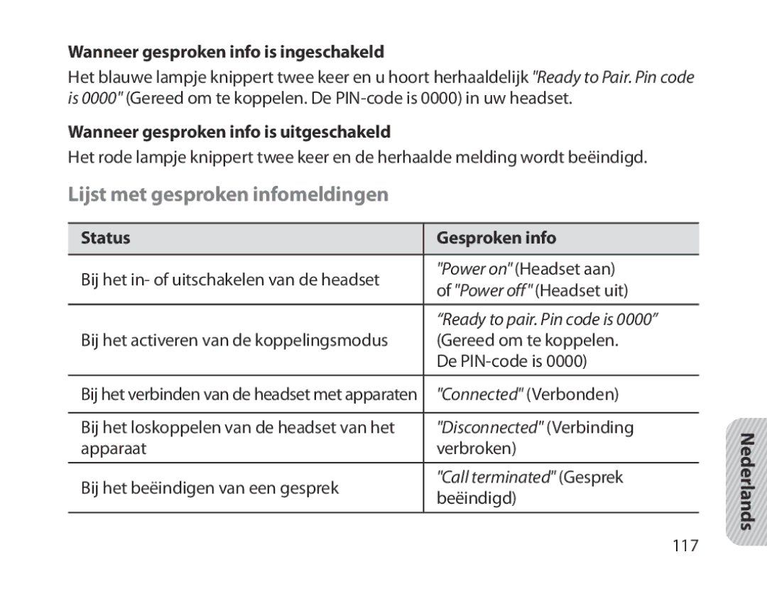 Samsung BHM1800EDECXEF Lijst met gesproken infomeldingen, Wanneer gesproken info is ingeschakeld, Status Gesproken info 