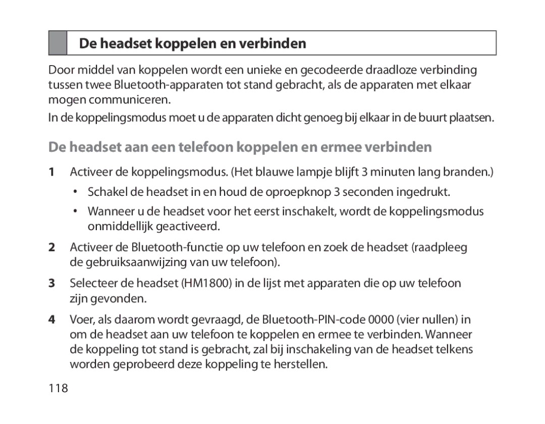 Samsung BHM1800EDECXEV manual De headset koppelen en verbinden, De headset aan een telefoon koppelen en ermee verbinden 