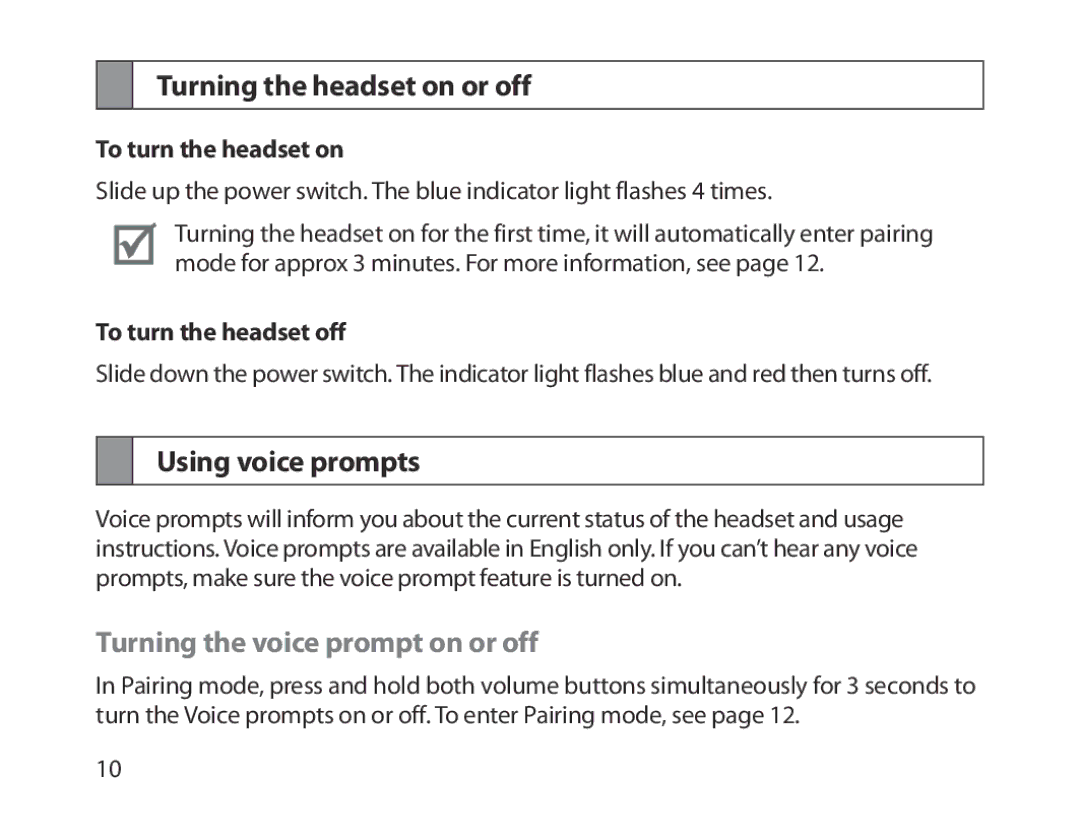 Samsung BHM1800EDECXEV manual Turning the headset on or off, Using voice prompts, Turning the voice prompt on or off 