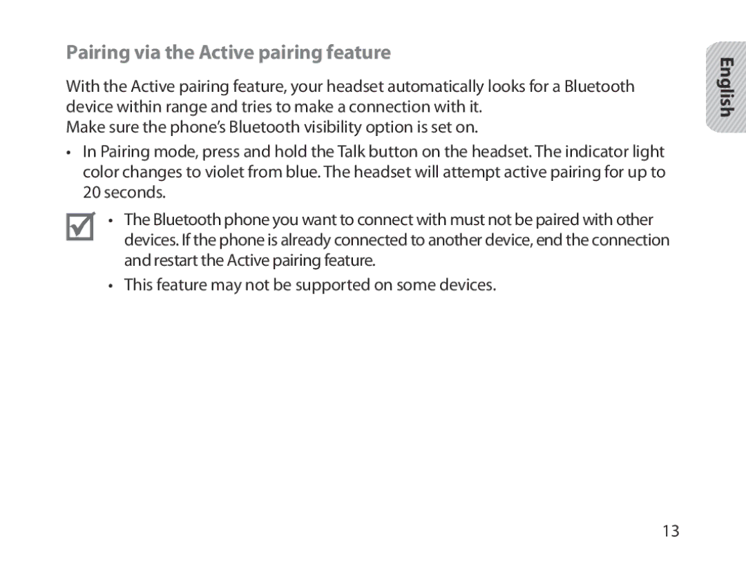 Samsung BHM1800EDECHAT, BHM1800EDECXEF, BHM1800EDECXEV, BHM1800EDECXEH, BHM1800EDECEUR Pairing via the Active pairing feature 