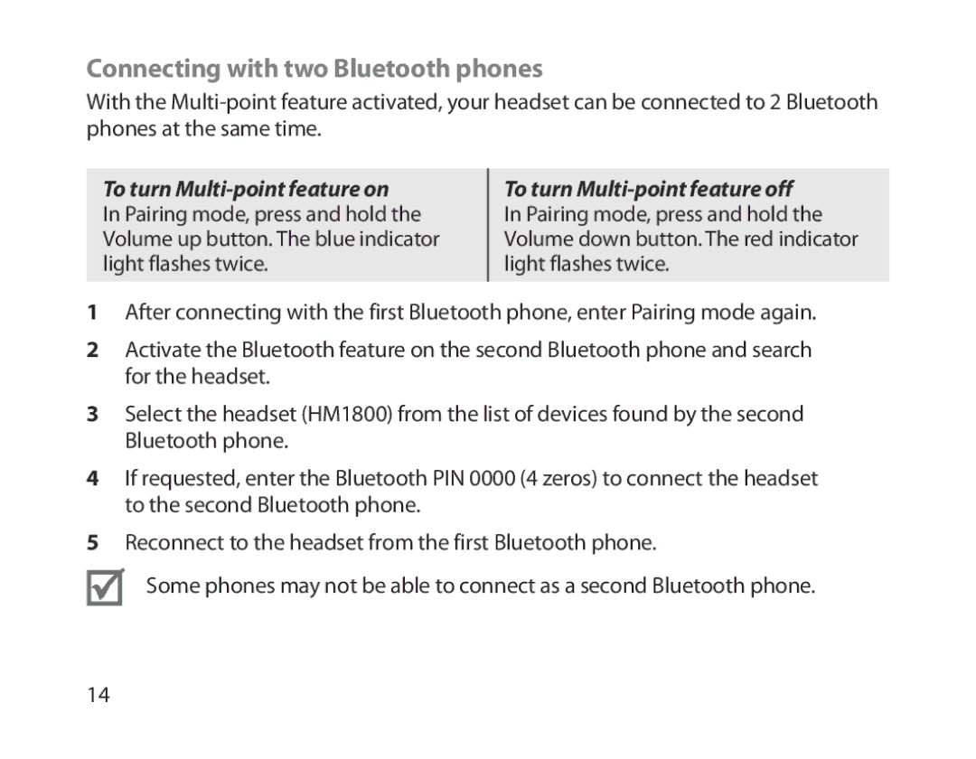 Samsung BHM1800EDRCSER, BHM1800EDECXEF manual Connecting with two Bluetooth phones, To turn Multi-point feature off 