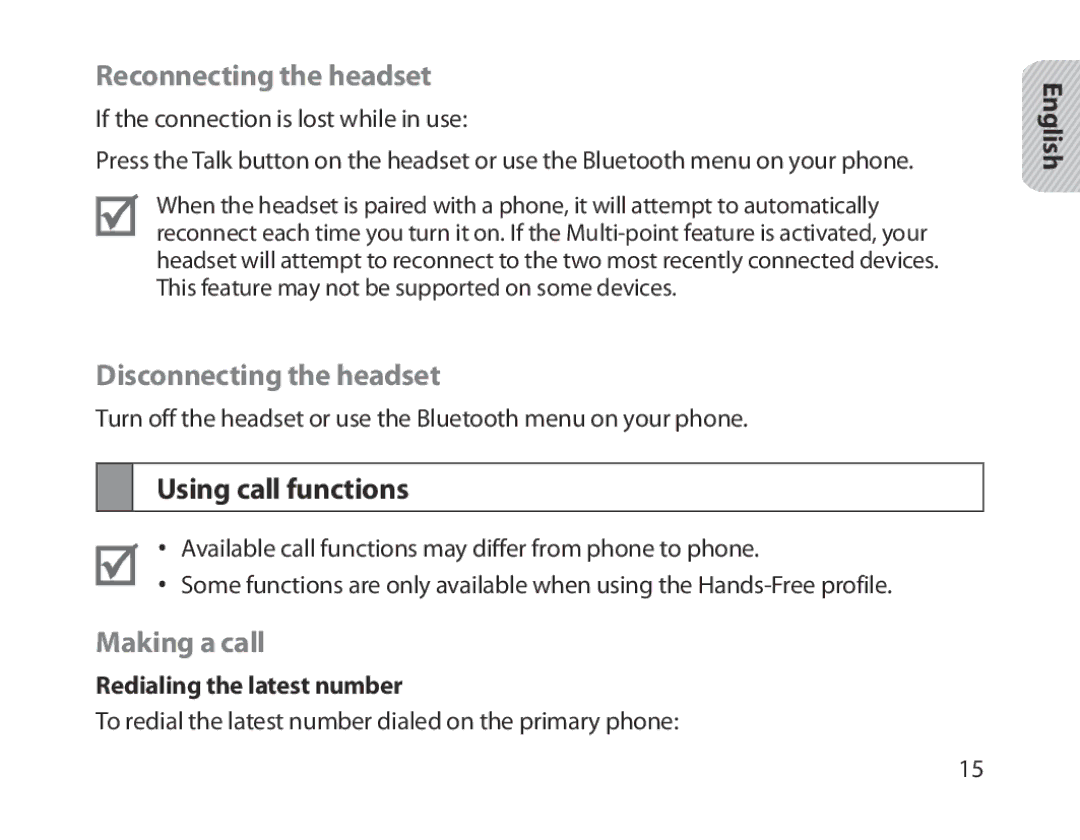 Samsung BHM1800EDECXEF manual Reconnecting the headset, Disconnecting the headset, Using call functions, Making a call 