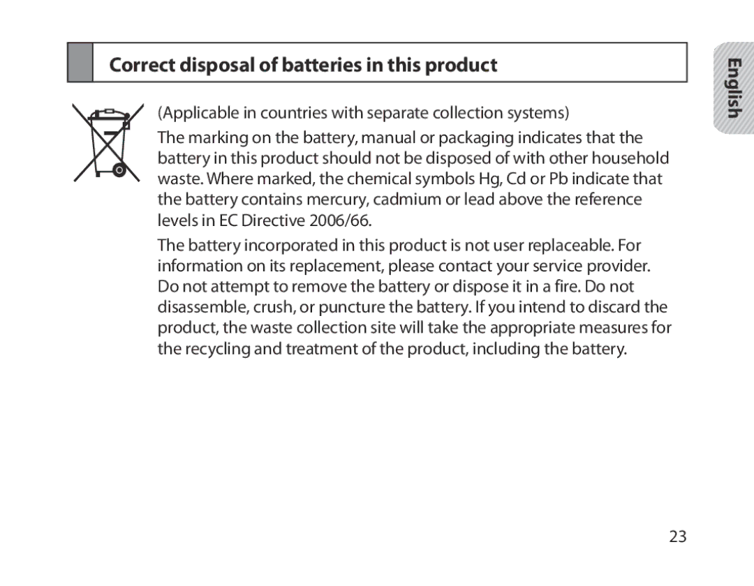 Samsung BHM1800EDECXEH, BHM1800EDECXEF, BHM1800EDECXEV, BHM1800EDECEUR manual Correct disposal of batteries in this product 