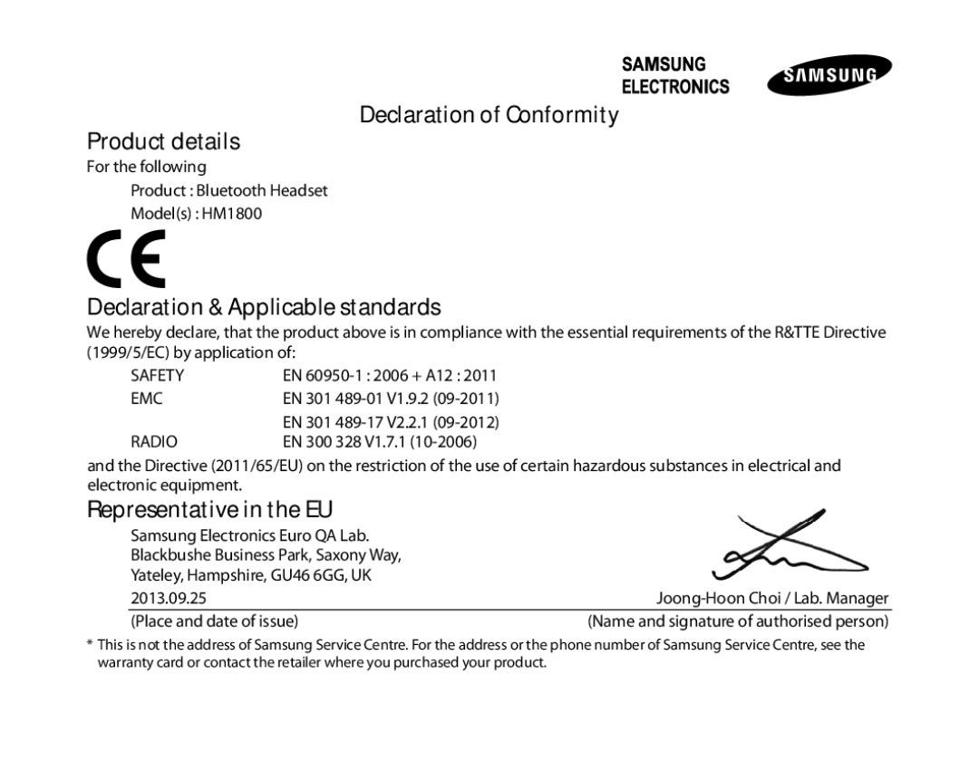 Samsung BHM1800EDECHAT, BHM1800EDECXEF manual Declaration of Conformity Product details, Declaration & Applicable standards 