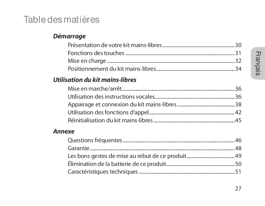 Samsung BHM1800EDECXEF, BHM1800EDECXEV, BHM1800EDECXEH, BHM1800EDECEUR, BHM1800EDECHAT manual Table des matières, Français 