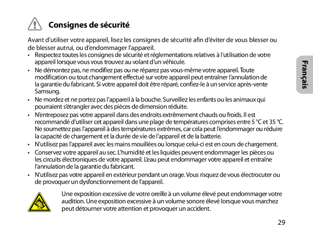 Samsung BHM1800EDECXEH, BHM1800EDECXEF, BHM1800EDECXEV, BHM1800EDECEUR, BHM1800EDECHAT, BHM1800EDRCSER Consignes de sécurité 