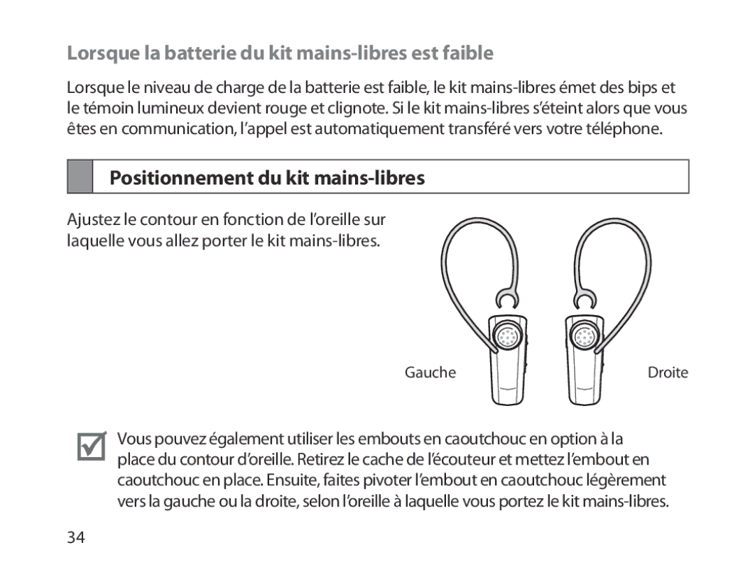 Samsung BHM1800EDECXEV manual Lorsque la batterie du kit mains-libres est faible, Positionnement du kit mains-libres 