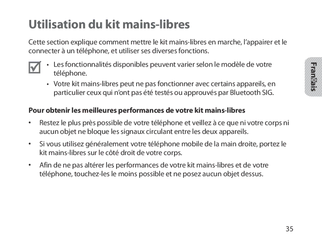 Samsung BHM1800EDECXEH, BHM1800EDECXEF, BHM1800EDECXEV, BHM1800EDECEUR, BHM1800EDECHAT manual Utilisation du kit mains-libres 