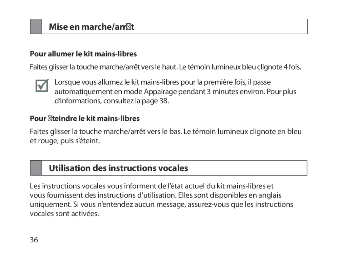 Samsung BHM1800EDECEUR manual Mise en marche/arrêt, Utilisation des instructions vocales, Pour allumer le kit mains-libres 