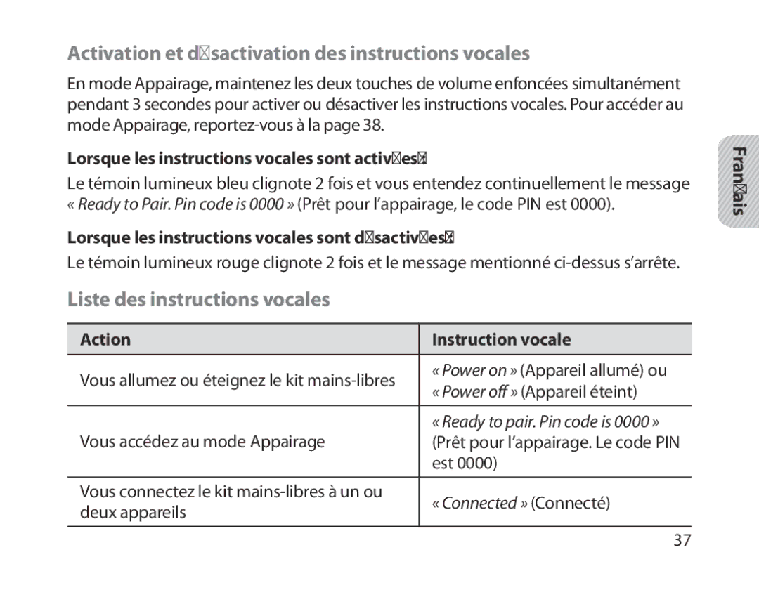 Samsung BHM1800EDECHAT manual Activation et désactivation des instructions vocales, Liste des instructions vocales 