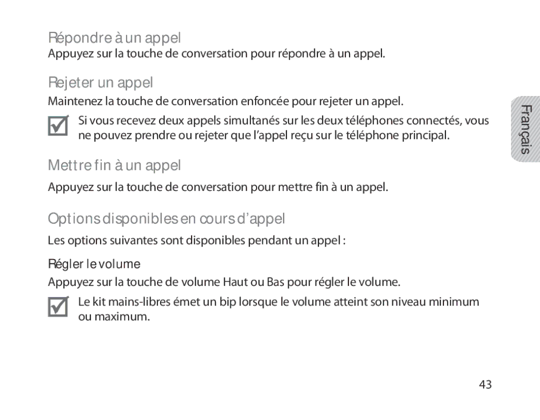 Samsung BHM1800EDECHAT Répondre à un appel, Rejeter un appel, Mettre fin à un appel, Options disponibles en cours d’appel 