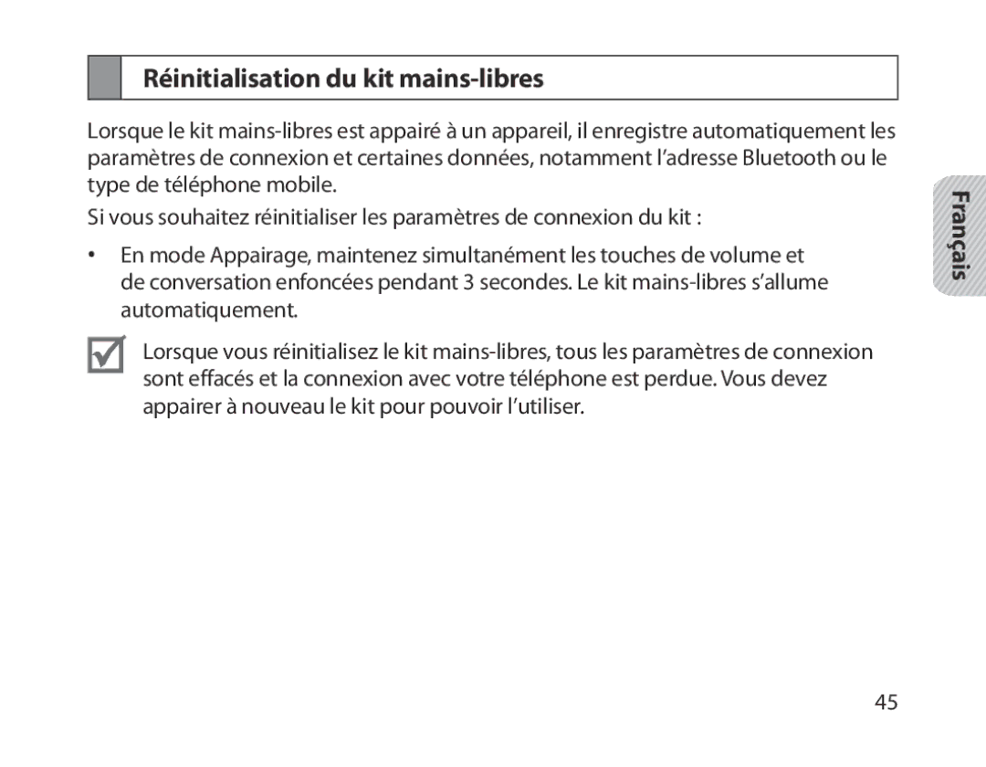 Samsung BHM1800EDECXEF, BHM1800EDECXEV, BHM1800EDECXEH, BHM1800EDECEUR, BHM1800EDECHAT Réinitialisation du kit mains-libres 