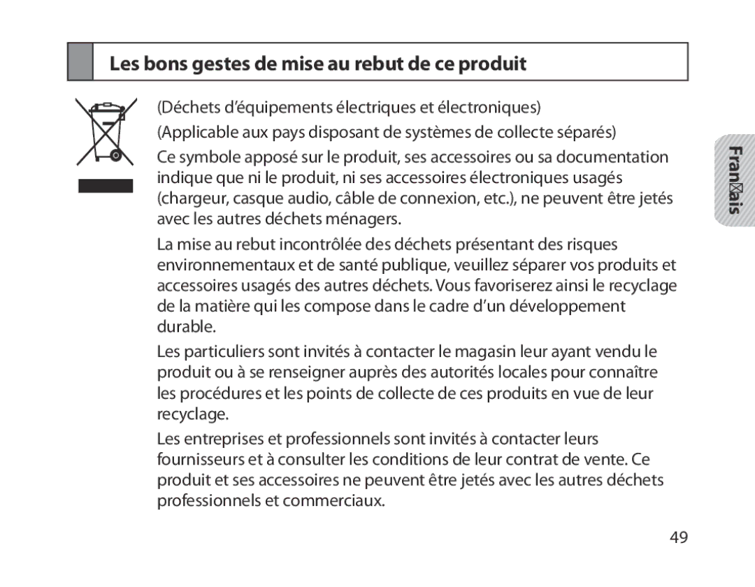 Samsung BHM1800EDECHAT, BHM1800EDECXEF, BHM1800EDECXEV, BHM1800EDECXEH manual Les bons gestes de mise au rebut de ce produit 