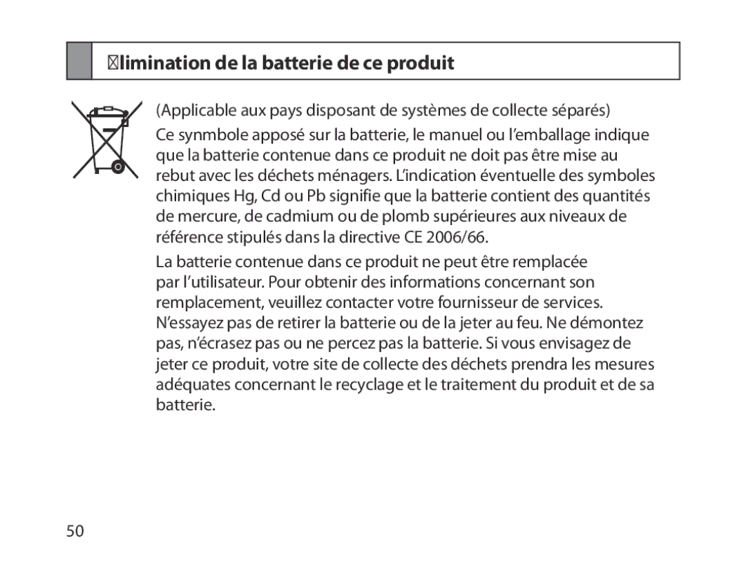 Samsung BHM1800EDRCSER, BHM1800EDECXEF, BHM1800EDECXEV, BHM1800EDECXEH manual Élimination de la batterie de ce produit 