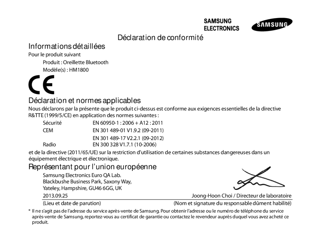 Samsung BHM1800EDECXEV manual Déclaration de conformité Informations détaillées, Déclaration et normes applicables 