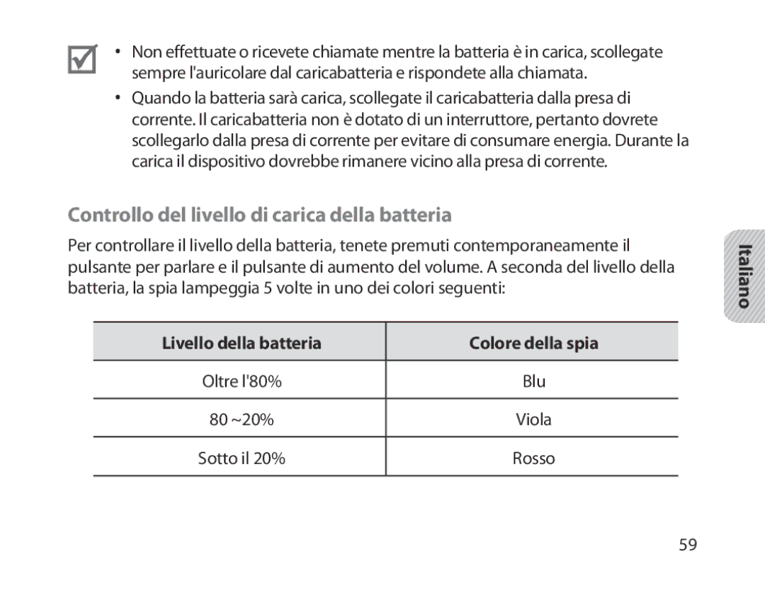 Samsung BHM1800EDECXEH manual Controllo del livello di carica della batteria, Livello della batteria Colore della spia 