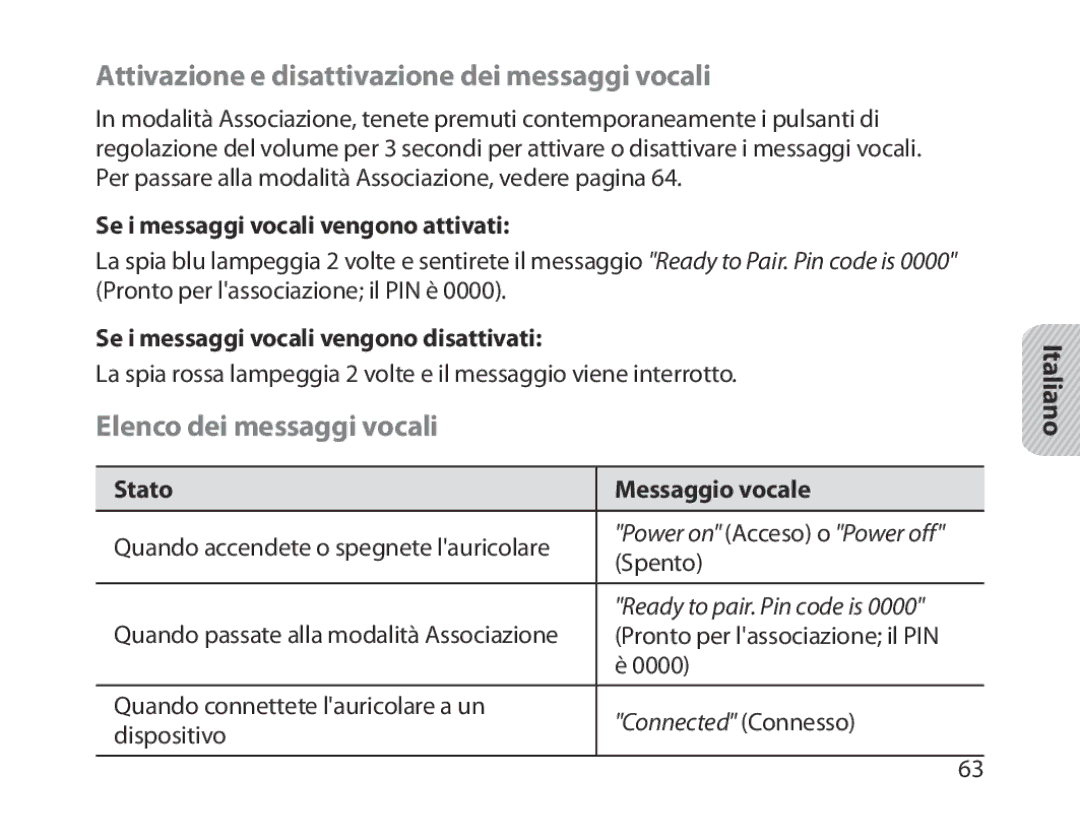 Samsung BHM1800EDECXEF, BHM1800EDECXEV manual Attivazione e disattivazione dei messaggi vocali, Elenco dei messaggi vocali 