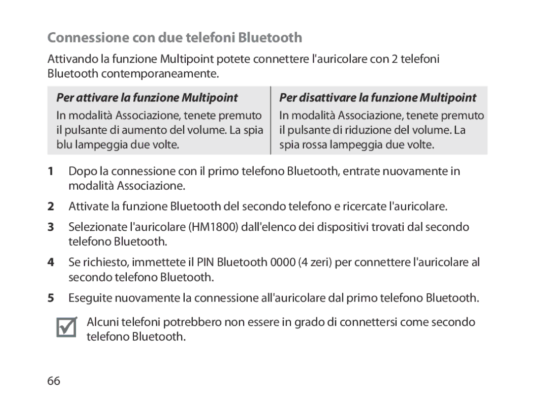 Samsung BHM1800EDECEUR, BHM1800EDECXEF manual Connessione con due telefoni Bluetooth, Per attivare la funzione Multipoint 