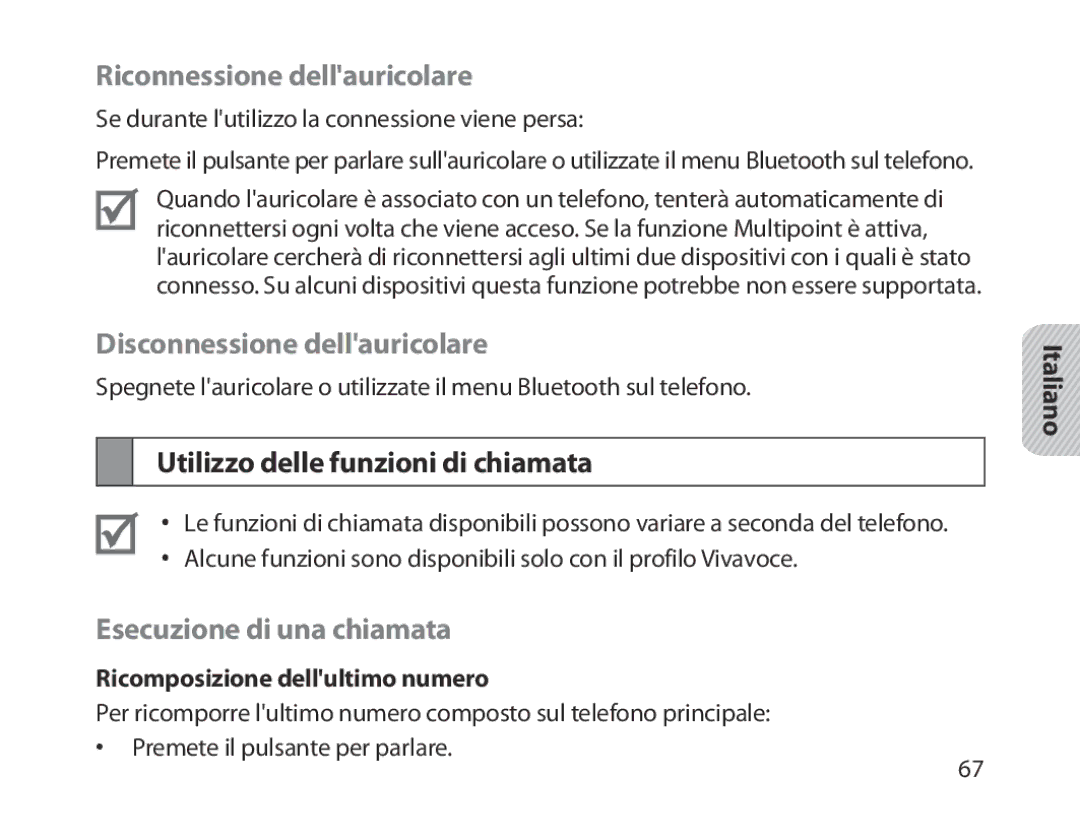 Samsung BHM1800EDECHAT Riconnessione dellauricolare, Disconnessione dellauricolare, Utilizzo delle funzioni di chiamata 