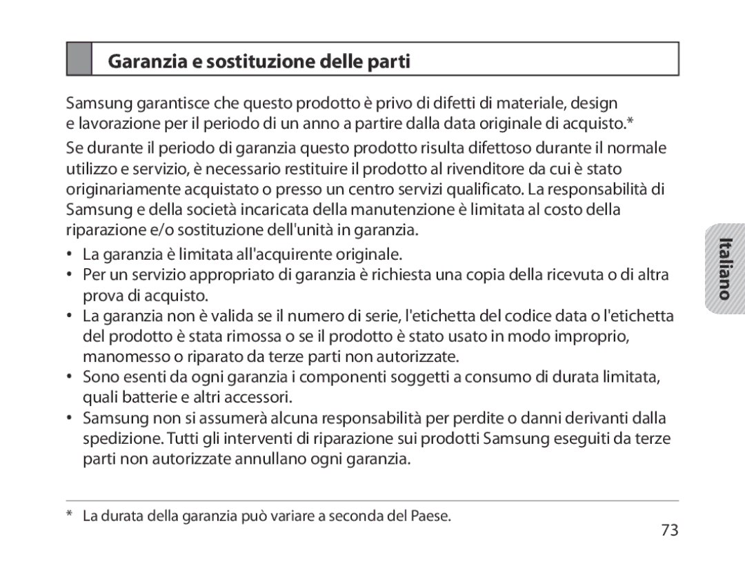 Samsung BHM1800EDECHAT, BHM1800EDECXEF, BHM1800EDECXEV, BHM1800EDECXEH, BHM1800EDECEUR Garanzia e sostituzione delle parti 