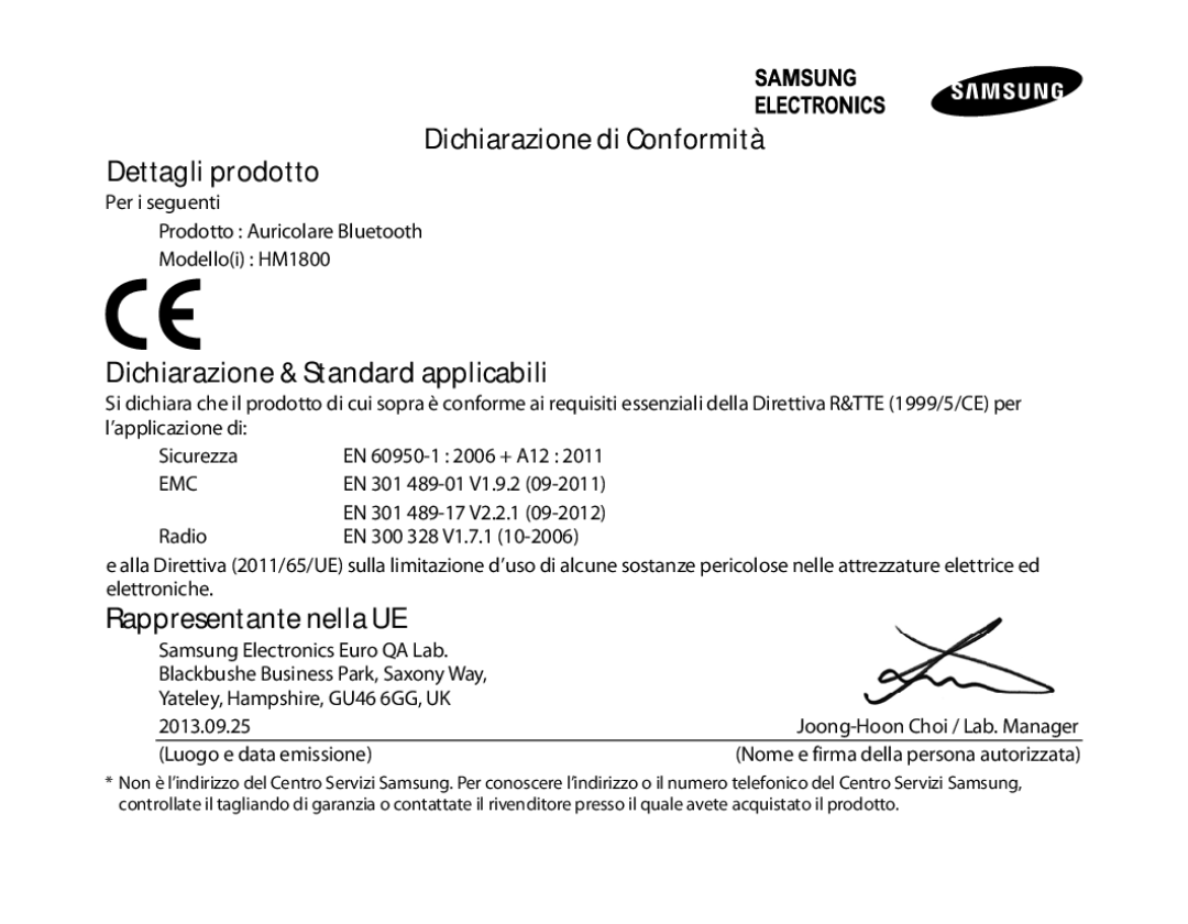 Samsung BHM1800EDECXEH, BHM1800EDECXEF Dichiarazione di Conformità Dettagli prodotto, Dichiarazione & Standard applicabili 