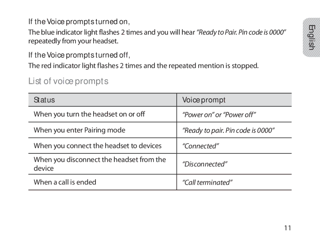 Samsung BHM1800EDECXEV manual List of voice prompts, If the Voice prompts turned on, If the Voice prompts turned off 