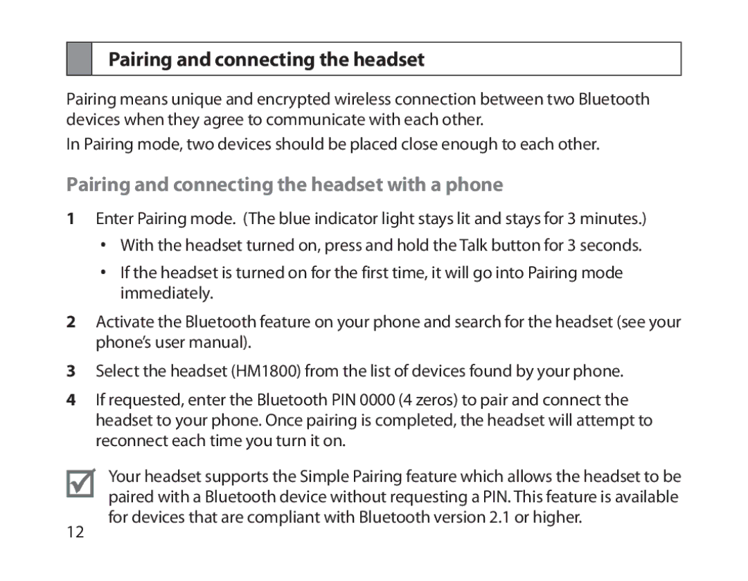 Samsung BHM1800EDECXEH, BHM1800EDECXEF, BHM1800EDECXEV, BHM1800EDECEUR Pairing and connecting the headset with a phone 