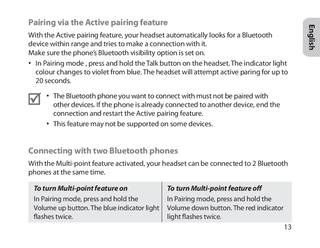 Samsung BHM1800EDECEUR, BHM1800EDECXEF manual Pairing via the Active pairing feature, Connecting with two Bluetooth phones 