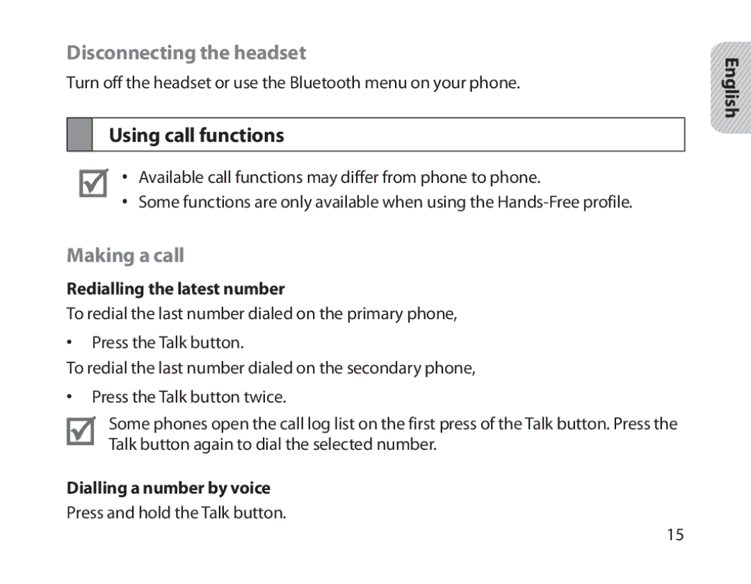 Samsung BHM1800EDRCSER manual Disconnecting the headset, Using call functions, Making a call, Redialling the latest number 