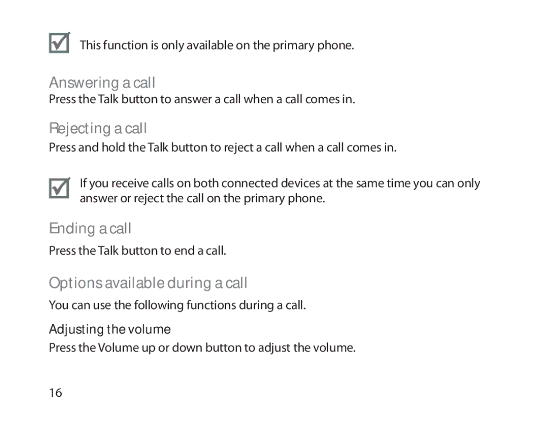 Samsung BHM1800EDECXEF, BHM1800EDECXEV Answering a call, Rejecting a call, Ending a call, Options available during a call 