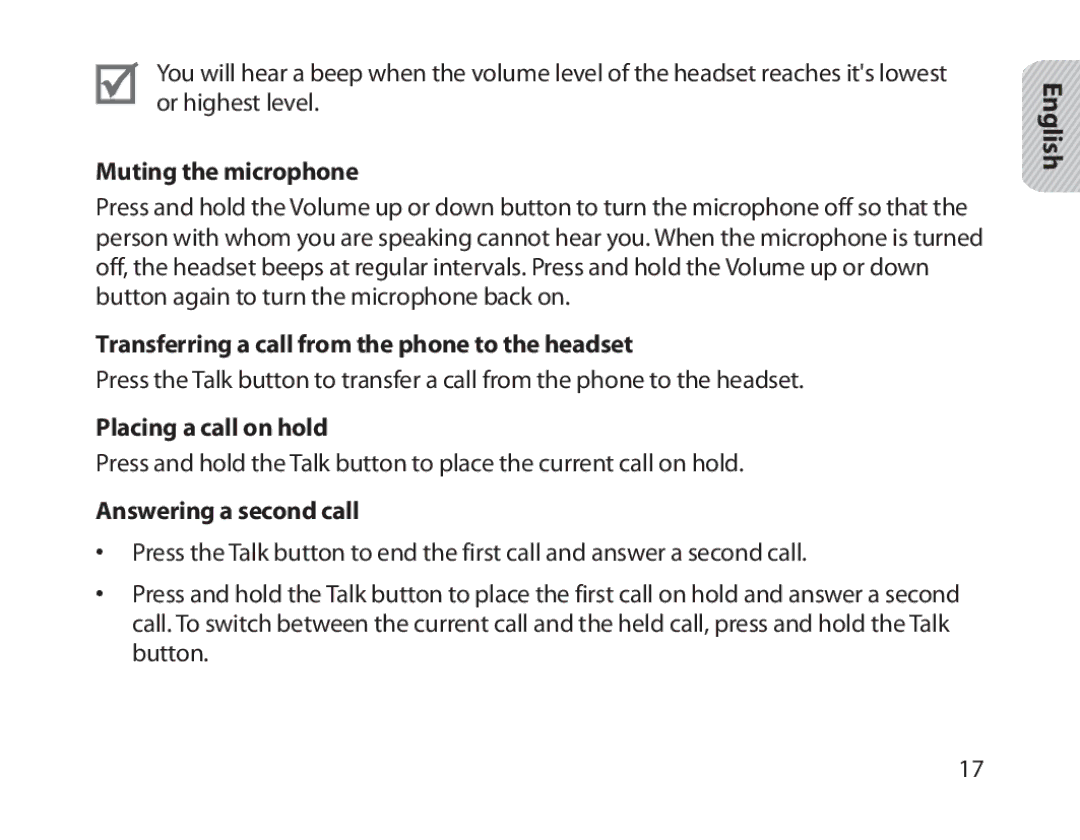Samsung BHM1800EDECXEV Muting the microphone, Transferring a call from the phone to the headset, Placing a call on hold 