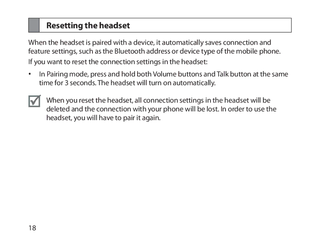 Samsung BHM1800EDECXEH, BHM1800EDECXEF, BHM1800EDECXEV, BHM1800EDECEUR, BHM1800EDECHAT, BHM1800EDRCSER Resetting the headset 