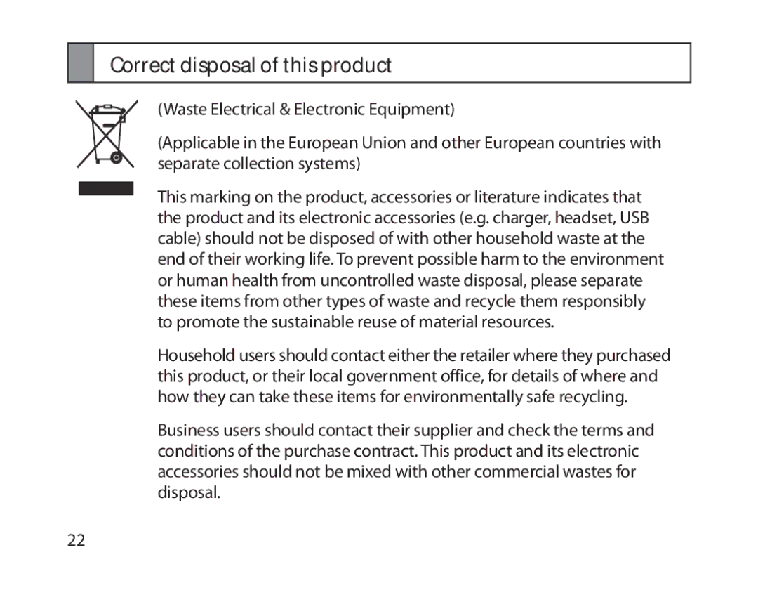 Samsung BHM1800EDECXEF, BHM1800EDECXEV, BHM1800EDECXEH, BHM1800EDECEUR, BHM1800EDECHAT manual Correct disposal of this product 