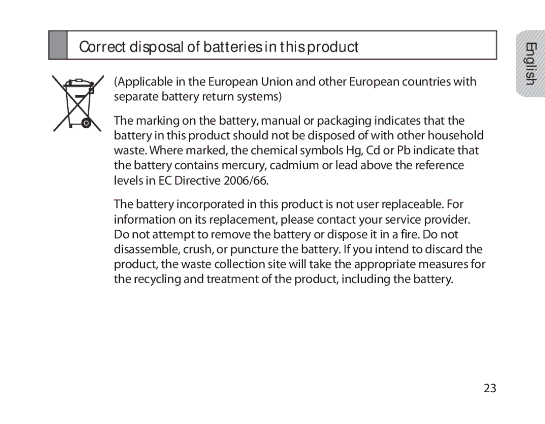 Samsung BHM1800EDECXEV, BHM1800EDECXEF, BHM1800EDECXEH, BHM1800EDECEUR manual Correct disposal of batteries in this product 