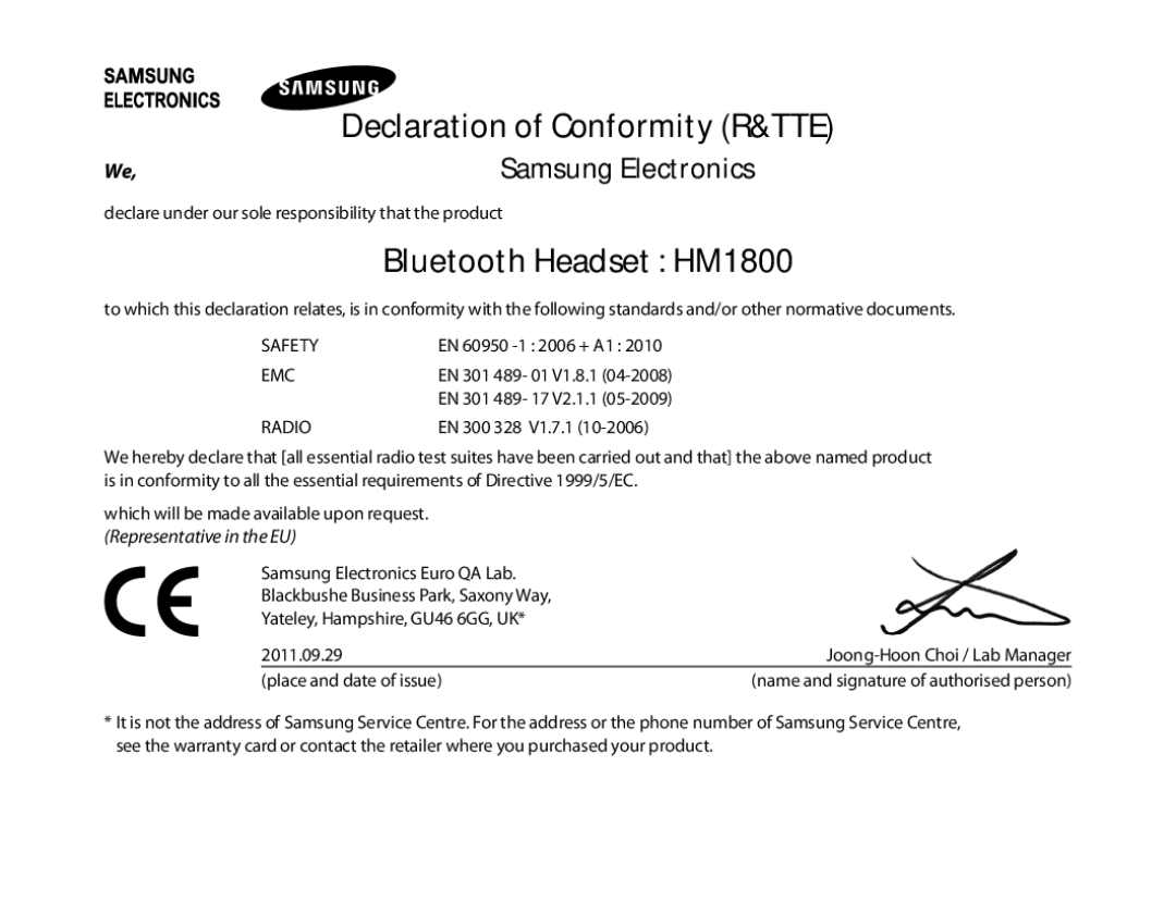 Samsung BHM1800EDECEUR, BHM1800EDECXEF manual Bluetooth Headset HM1800, Declaration of Conformity R&TTE, Samsung Electronics 