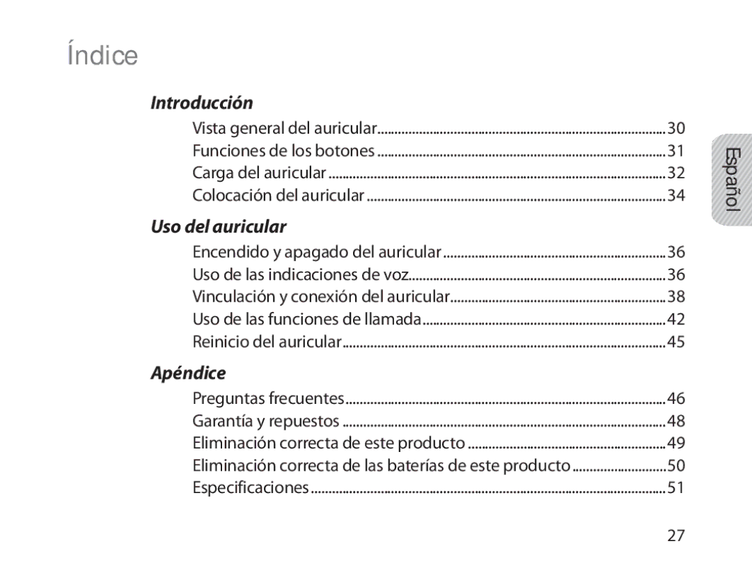 Samsung BHM1800EDRCSER, BHM1800EDECXEF, BHM1800EDECXEV, BHM1800EDECXEH, BHM1800EDECEUR, BHM1800EDECHAT manual Índice, Español 