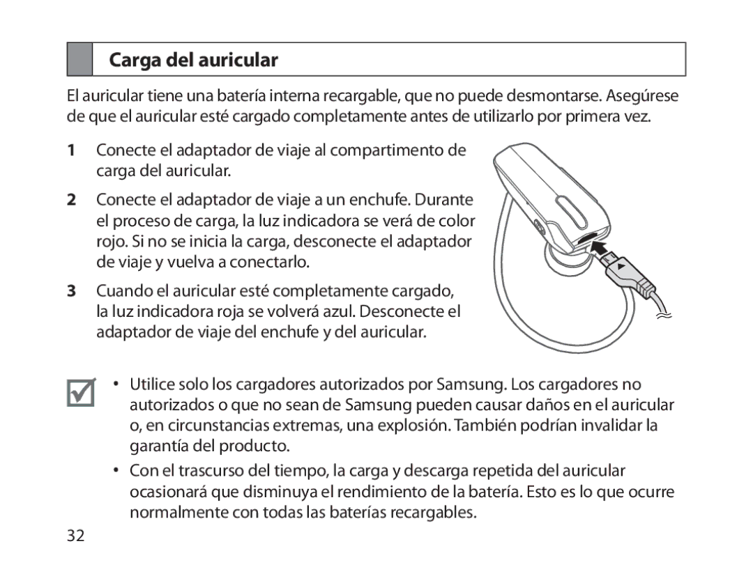 Samsung BHM1800EDECHAT, BHM1800EDECXEF, BHM1800EDECXEV, BHM1800EDECXEH, BHM1800EDECEUR, BHM1800EDRCSER Carga del auricular 