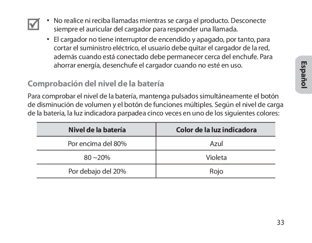 Samsung BHM1800EDRCSER manual Comprobación del nivel de la batería, Nivel de la batería Color de la luz indicadora 