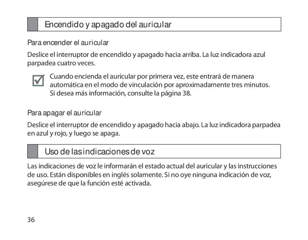 Samsung BHM1800EDECXEH manual Encendido y apagado del auricular, Uso de las indicaciones de voz, Para encender el auricular 