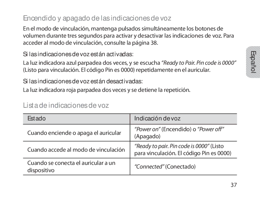 Samsung BHM1800EDECEUR, BHM1800EDECXEF manual Encendido y apagado de las indicaciones de voz, Lista de indicaciones de voz 