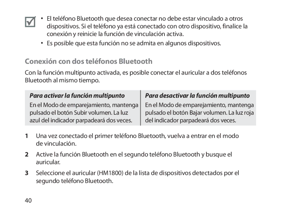 Samsung BHM1800EDECXEF, BHM1800EDECXEV manual Conexión con dos teléfonos Bluetooth, Para activar la función multipunto 