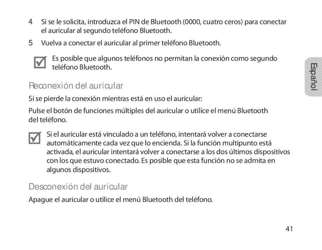 Samsung BHM1800EDECXEV, BHM1800EDECXEF, BHM1800EDECXEH, BHM1800EDECEUR Reconexión del auricular, Desconexión del auricular 