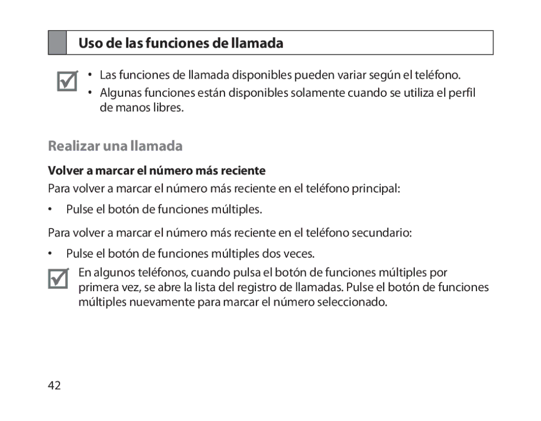 Samsung BHM1800EDECXEH manual Uso de las funciones de llamada, Realizar una llamada, Volver a marcar el número más reciente 